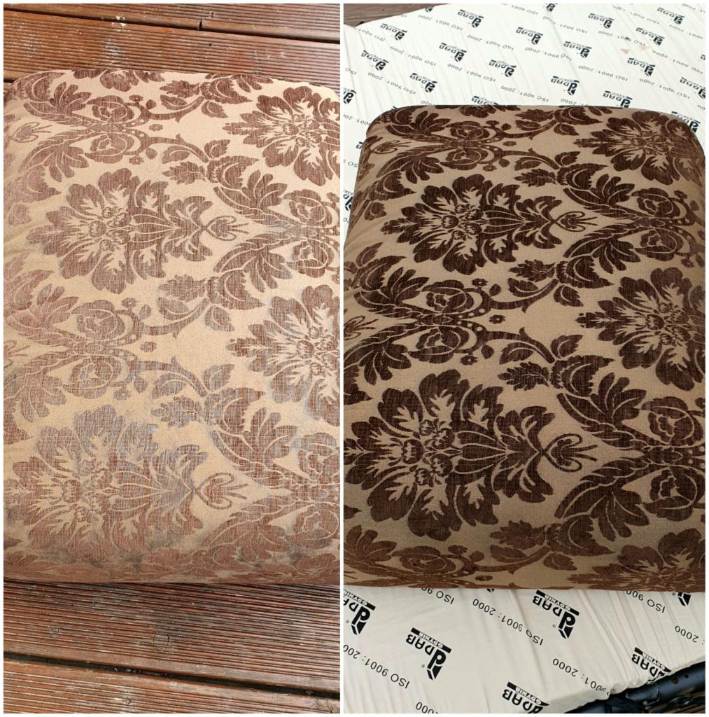 Porównanie fotela z wzorzystą tapicerką przed i po czyszczeniu, widoczne plamy i różnica w kolorze.