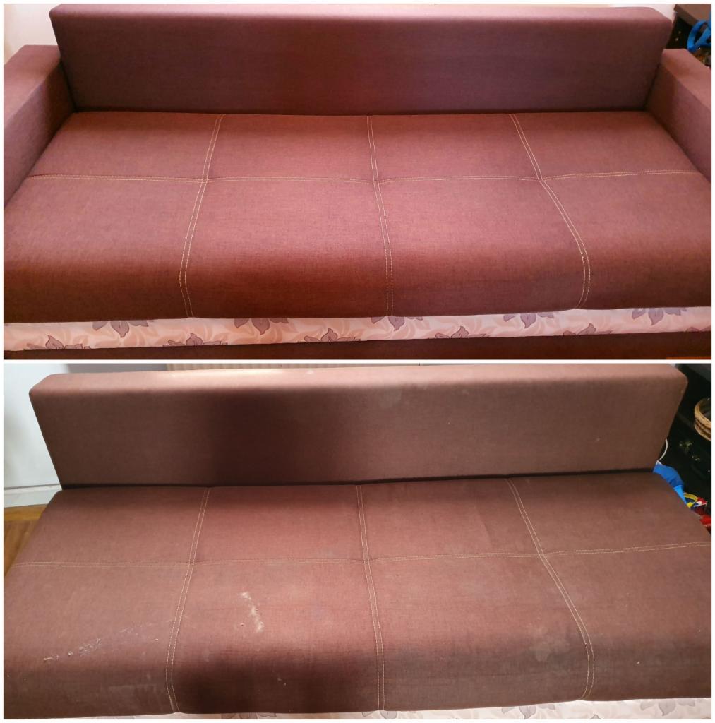 Brązowa kanapa przed i po czyszczeniu, widoczne plamy usunięte z siedziska, jasne szwy podkreślają podział na segmenty.