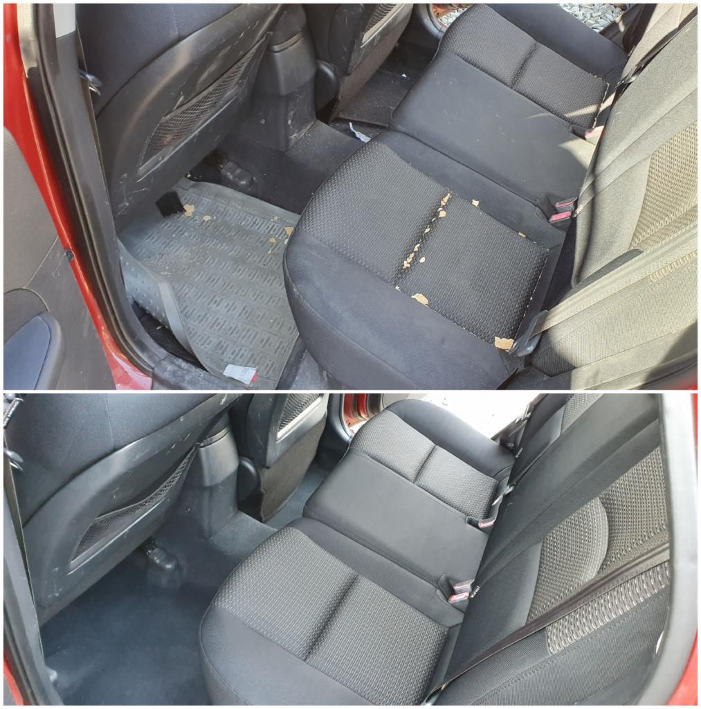 Porównanie tylnej kanapy samochodu przed i po czyszczeniu: widoczne okruchy i zabrudzenia na siedzeniach przed, a czyste i odświeżone siedzenia po czyszczeniu.