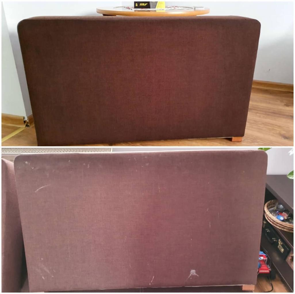 Porównanie: fragment brązowej kanapy przed i po czyszczeniu, widoczne różnice w czystości tapicerki.