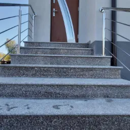 Granitowe schody zewnętrzne z nowoczesną, stalową balustradą, prowadzące do wejścia budynku z drewnianymi drzwiami.