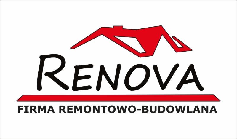 Logo firmy remontowo-budowlanej Renova z czerwonym symbolem dachu nad nazwą.