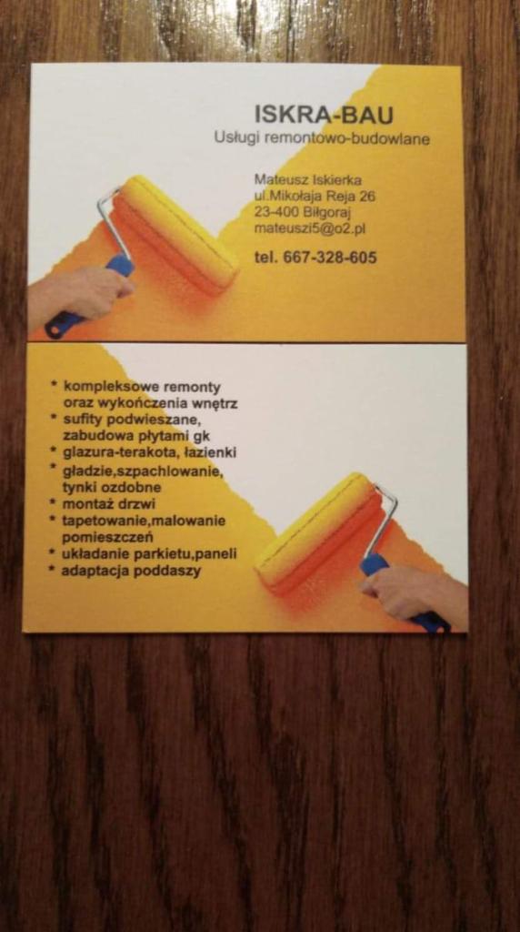 Wizytówka firmy remontowo-budowlanej Iskra-Bau z Biłgoraja, z ilustracjami wałka malarskiego rozprowadzającego pomarańczową farbę i listą oferowanych usług, w tym glazury, terakoty, układania...