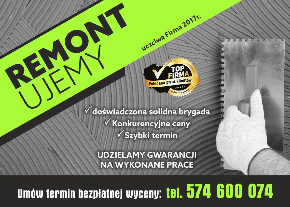 Reklama firmy remontowej: dłoń w rękawicy nakłada klej na ścianę. Certyfikat 'Top Firma', gwarancja i konkurencyjne ceny. Kontakt: 574 600 074.