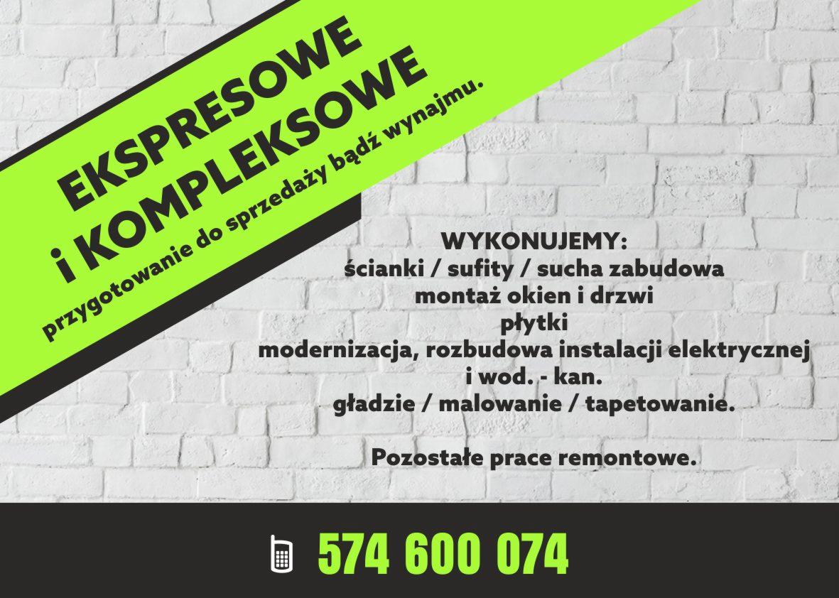 Grafika reklamowa firmy remontowej oferującej kompleksowe usługi, w tym malowanie, montaż drzwi, płytki, ścianki działowe i sufity, na tle ściany z białej cegły.