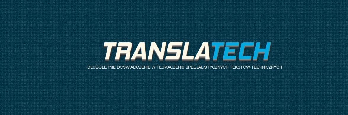 Logo firmy Translatch na teksturowanym, ciemnoniebieskim tle, z hasłem 'Długoletnie doświadczenie w tłumaczeniu specjalistycznych tekstów technicznych'.