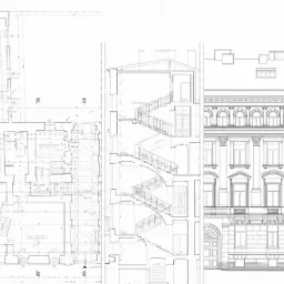 Rzut poziomy, przekrój pionowy i elewacja frontowa kamienicy w Krakowie, prezentujące układ pomieszczeń, schody i detale architektoniczne.