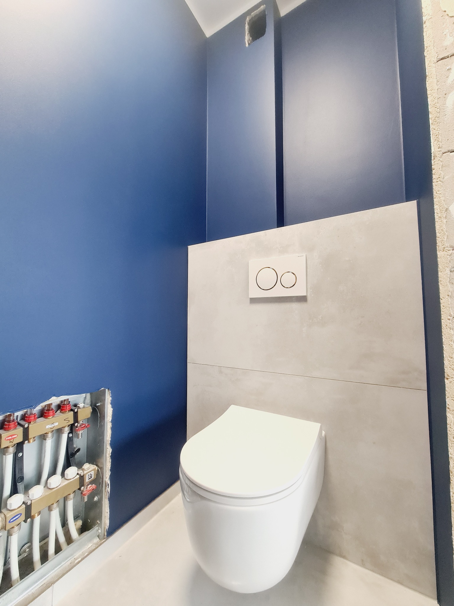 Wnętrze łazienki w trakcie remontu: podwieszana toaleta na tle szarej ściany z widocznym przyciskiem spłukującym, niebieska ściana obok z odsłoniętymi rurami instalacji wodnej.
