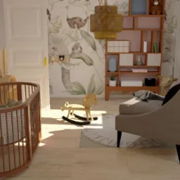 Wizualizacja pokoju dziecięcego z drewnianym łóżeczkiem, bujanym konikiem, regałem z zabawkami i fotelikiem na tle ściany z tapetą w motywy roślinne i zwierzęce.