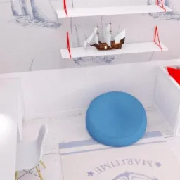 Pokój dziecięcy w stylu marynistycznym: białe meble, ściana z motywem żaglówek, niebieski puf, dywan z napisem 'Maritime', drewniany model żaglowca na półce.