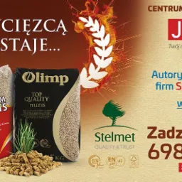 Reklama centrum ekologicznego opału z dwoma workami pelletu marek Lava i Olimp, z informacją o autoryzowanym sprzedawcy Stelmet i Barlinek oraz numerem telefonu.
