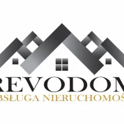 Logo firmy REVODOM z motywem nakładających się szarych dachów i złotym napisem 'OBSŁUGA NIERUCHOMOŚCI'.