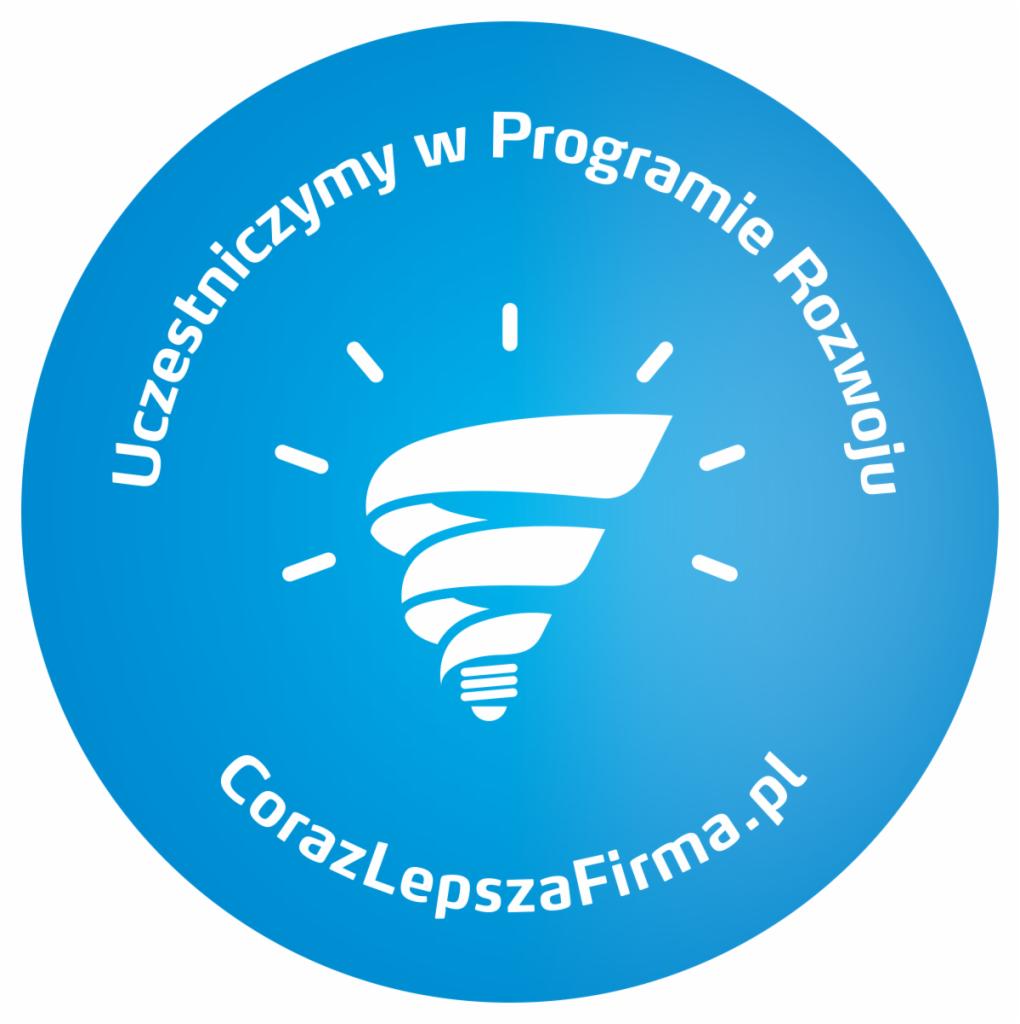 Niebieskie logo z białą żarówką w centrum, otoczone napisem 'Uczestniczymy w Programie Rozwoju' oraz 'CorazLepszaFirma.pl'.