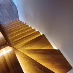 Drewniane schody z podświetleniem LED wzdłuż ściany, widok z góry, nowoczesny design.