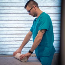 Mężczyzna w turkusowym uniformie przygotowuje zwinięty ręcznik na leżance w gabinecie z żaluzjami okiennymi.