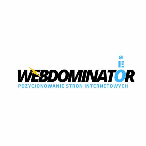 Logo firmy Webdominator z żółtym symbolem błyskawicy i niebieskim napisem 'SEO' nad 'O', promującej pozycjonowanie stron internetowych.