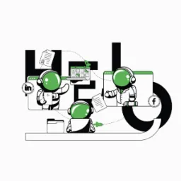 Ilustracja przedstawia trzech astronautów w hełmach w kolorze limonki, pracujących nad elementami związanymi z mediami społecznościowymi: LinkedIn, Facebook, kalendarzem i dokumentami...