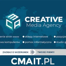 Logo Creative Media Agency na tle mapy świata, oferujące tworzenie stron www, sklepów internetowych, pozycjonowanie, naprawę komputerów i pomoc informatyczną.