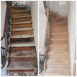 Renowacja drewnianych schodów: widok przed i po odświeżeniu, z widocznymi śladami szpachli na ścianie po prawej stronie.