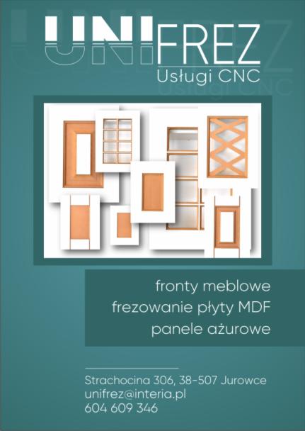 Grafika reklamowa firmy UNIFREZ, oferującej usługi CNC, prezentująca fronty meblowe, frezowanie płyt MDF i panele ażurowe z adresem i numerem telefonu.