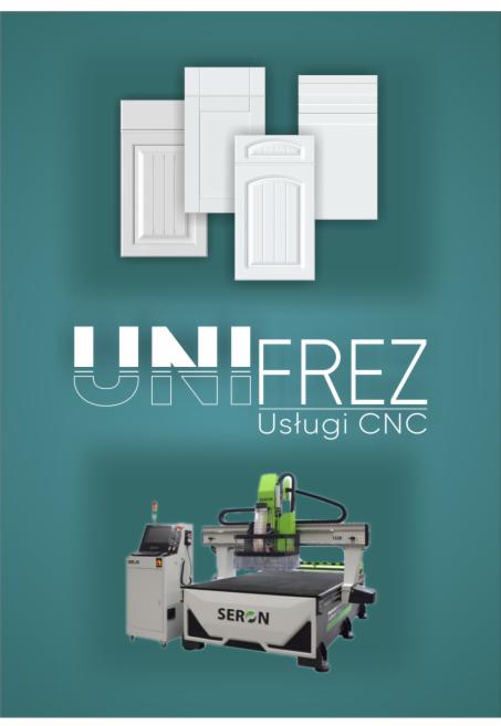 Grafika reklamowa firmy Unifrez, oferującej usługi CNC, prezentująca białe fronty meblowe i maszynę CNC Seron na turkusowym tle.