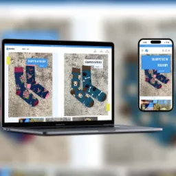 Prezentacja responsywnej strony internetowej na laptopie MacBook Pro i smartfonie, ukazująca ofertę sklepu z kolorowymi skarpetkami w motywy kolibrów i psów.