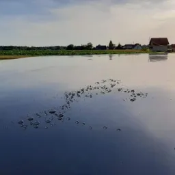 Świeżo wylana, gładka powierzchnia z widocznymi pęcherzykami powietrza, w tle krajobraz wiejski z budynkami i polami pod zachmurzonym niebem.