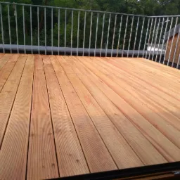 Nowa, jasna drewniana podłoga na balkonie z metalową balustradą, widok z wnętrza przez otwarte drzwi, na zewnątrz drzewa.