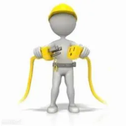 Animowana postać elektryka w żółtym kasku i rękawicach, trzymająca rozłączoną wtyczkę z dwoma żółtymi kablami.