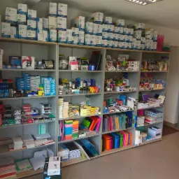 Półki sklepowe wypełnione różnorodnymi artykułami biurowymi, w tym pudełka z tuszem do drukarek, segregatory, notatniki i inne akcesoria.