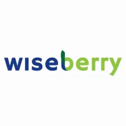 Logo 'wiseberry' z niebieskim 'wise' i zielonym 'berry', gdzie 'b' ma dodatkowy zielony element graficzny