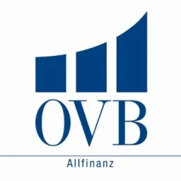 Logo OVB Allfinanz z trzema niebieskimi kolumnami symbolizującymi wzrost na górze.