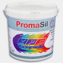 Białe wiadro z silikatową, cienkowarstwową masą dekoracyjną PromaSil z logo ZPB Maciejewski, przeznaczoną do baranka o rowku 1,5mm i 2mm.