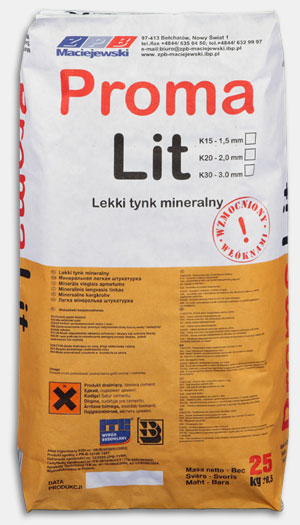 Worek z lekkim tynkiem mineralnym PromaLit, z informacjami o parametrach i składzie, widoczne logo producenta ZPB Maciejewski.