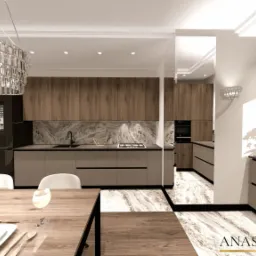 Wizualizacja eleganckiej kuchni w domu jednorodzinnym z drewnianymi szafkami, marmurowym blatem, nowoczesną lodówką z ekranem i kryształowym żyrandolem nad stołem jadalnym z zastawą.