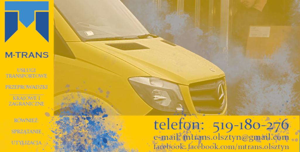 Żółty bus firmy M-TRANS z widocznym logo i danymi kontaktowymi: telefon, e-mail, Facebook.
