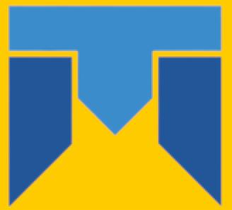 Abstrakcyjne logo w kolorach niebieskim i żółtym, przypominające stylizowaną literę 'T' wkomponowaną w kształt litery 'M', na żółtym tle.