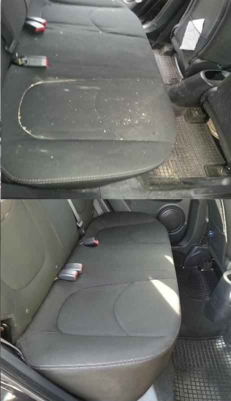 Porównanie tylnej kanapy samochodowej: górne zdjęcie przedstawia zabrudzoną tapicerkę z widocznymi plamami i okruchami, dolne zdjęcie ukazuje tę samą kanapę po czyszczeniu, z odświeżonym...