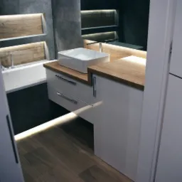 Nowoczesna łazienka w Bielsko-Białej z umywalką nablatową na białej szafce z drewnianym blatem, podświetlane wnęki w szarej ścianie oraz drewniana podłoga z listwą LED.