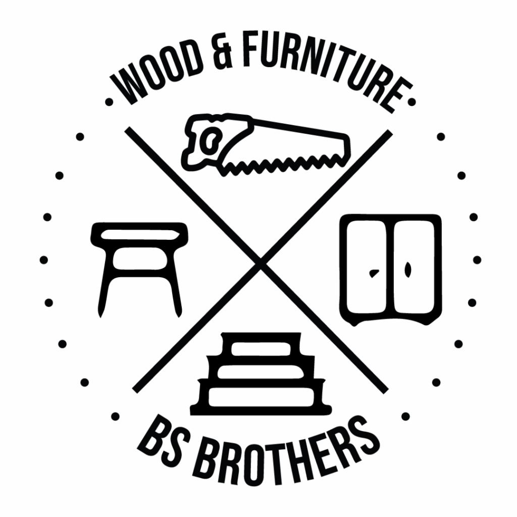 Czarno-białe logo firmy 'Wood & Furniture. BS Brothers' z ikonami piły, krzesła, szafy i ułożonych desek, otoczone kropkami. Minimalistyczny design.