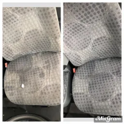 Porównanie fotela samochodowego z szarą tapicerką w kropki przed i po czyszczeniu. Po lewej stronie widoczne plamy i zabrudzenia, po prawej - tapicerka po praniu, wyraźnie czystsza.