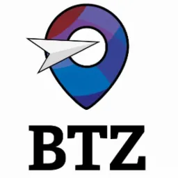 Kolorowe logo BTZ z ikoną pinezki i papierowego samolotu, symbolizujące podróże i lokalizację.