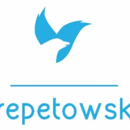 Błękitne logo firmy z abstrakcyjnym symbolem ptaka i nazwą 'repetowski' na białym tle.