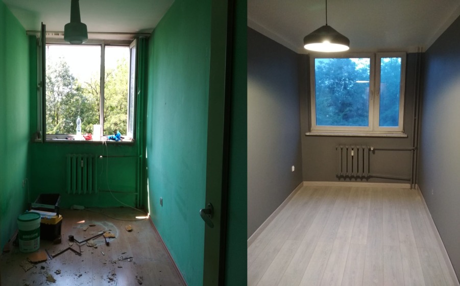 Pokój przed i po: zielone ściany przed remontem i szare po, z nową podłogą i lampą.