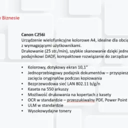Nowa kserokopiarka Canon C256i A4 z kolorowym dotykowym ekranem 10,1 cala, widoczne logo firmy DKS.