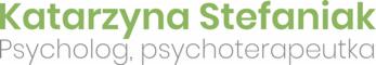 Logo z imieniem i nazwiskiem Katarzyna Stefaniak, pod spodem zawody psycholog, psychoterapeuta w kolorze szarym.