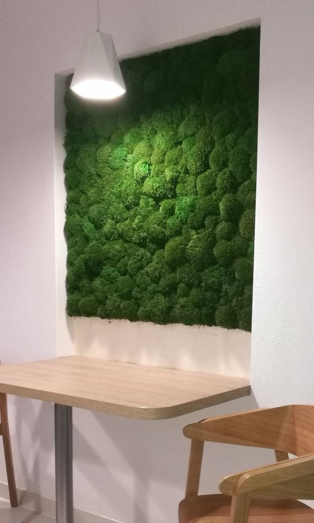 Ściana z mchu w biurze, oświetlona designerską lampą, z drewnianym stołem i krzesłem w minimalistycznym stylu.