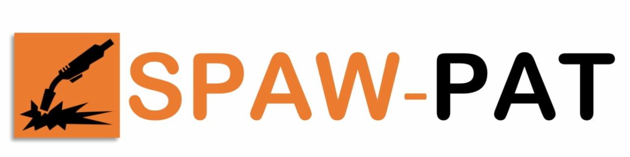 Logo firmy Spaw-Pat: pomarańczowy kwadrat z symbolem spawania, pomarańczowy napis 'SPAW-', czarny napis 'PAT' na białym tle.