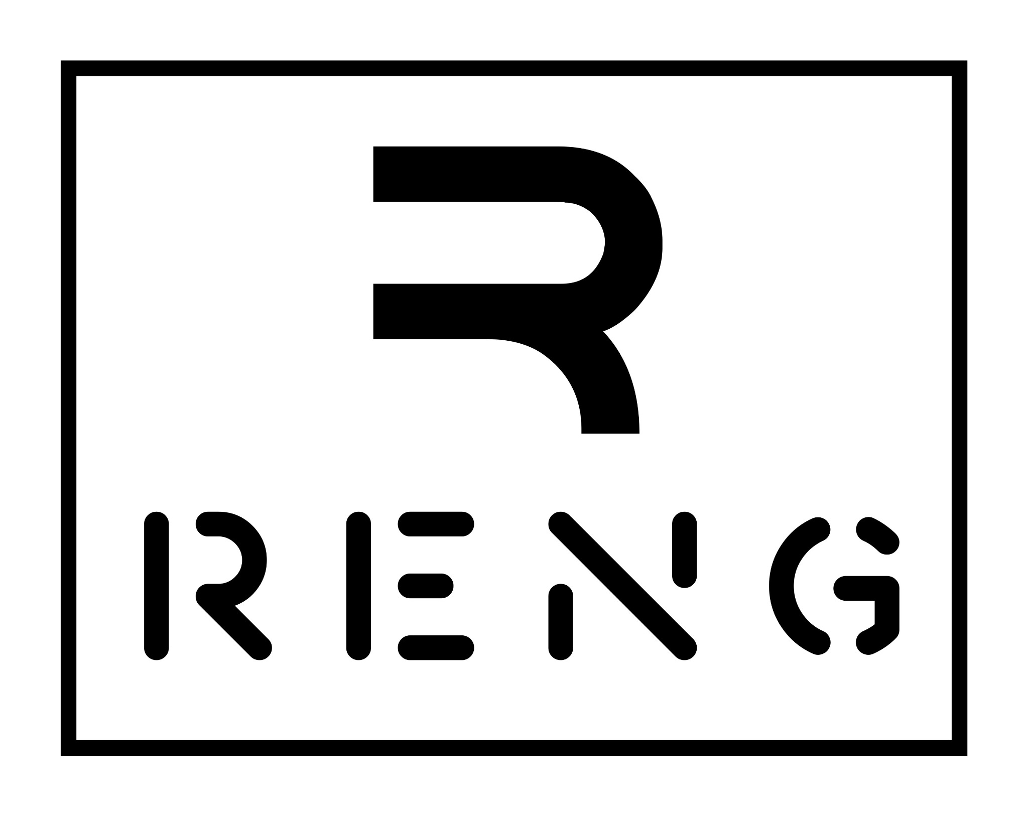 Czarno-białe logo firmy RENG w prostokątnej ramce, z charakterystyczną literą R na górze i nazwą firmy poniżej.