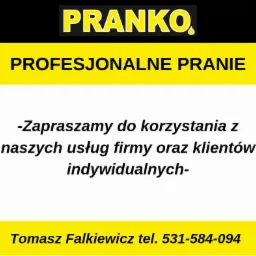 Reklama firmy Pranko oferującej profesjonalne pranie dla firm i klientów indywidualnych, z podanym numerem telefonu.